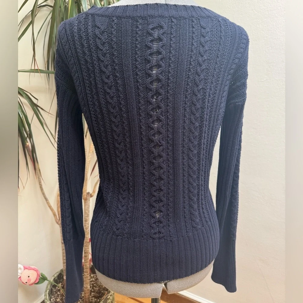 J. Crew Navy Cable Knit Boatneck Sweater with Shoulder Zipper Detail